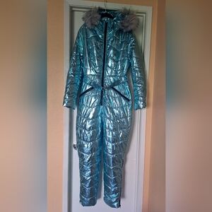 Metallic Blue Jumpsuit with Faux Fur Trim
